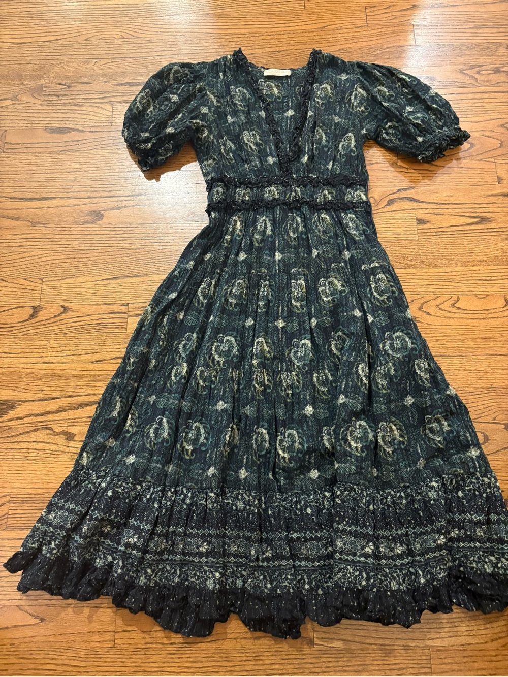 Ulla Johnson Dark Green Floral V-Neck Puff Sleeve Midi Dress